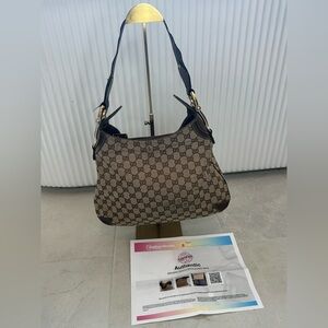 Authentic Gucci GG Canvas Shoulder Bag Brown Leather Trim Horsebit